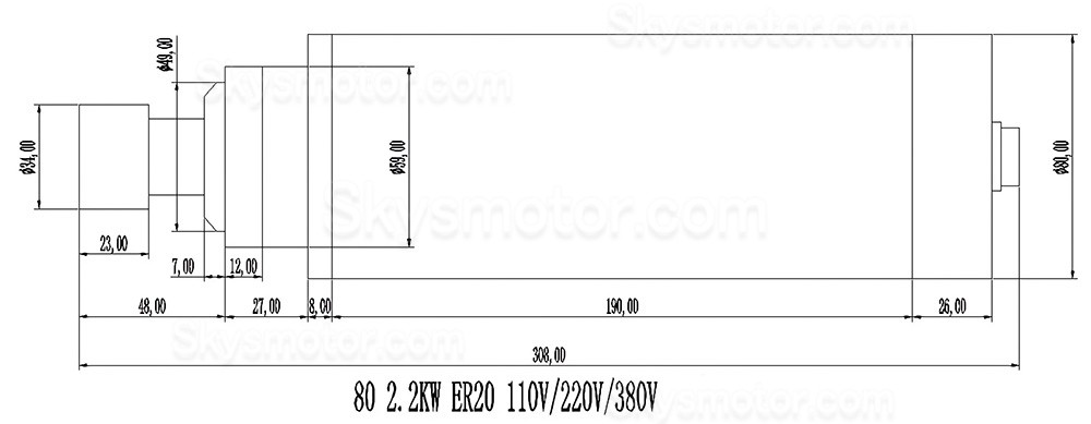 2.2KW 110V/220V 空冷スピンドルモーターキット 80-2.2KW-ER20 + H100-2.2 VFD（可変周波数ドライブ）+ ER20コレット13個付き
